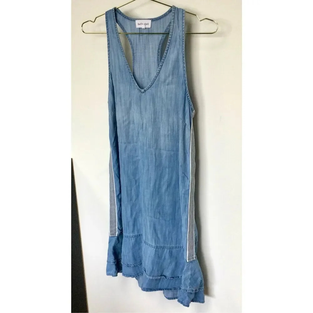 Bella‎ Dahl Womens Blue Chambray Side-Stripe Ruffled Racerback Mini Dress Medium